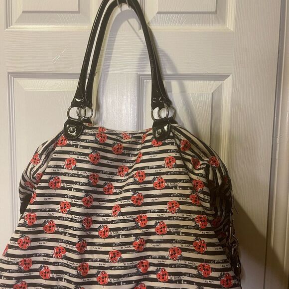 Betsey Johnson fabric Black & White red ladybugs weekender bag synthetic trim - Picture 3 of 13